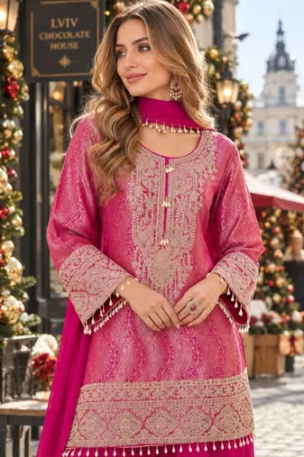 Magenta silk blend readymade suit with embroidery & beads work