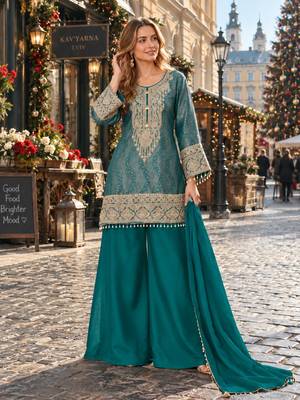 Blue silk blend readymade suit with embroidery & beads work 1
