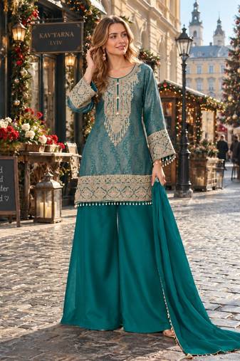 Blue silk blend readymade suit with embroidery & beads work