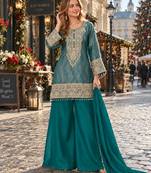 Blue silk blend readymade suit with embroidery & beads work