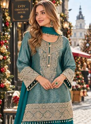 Blue silk blend readymade suit with embroidery & beads work 2