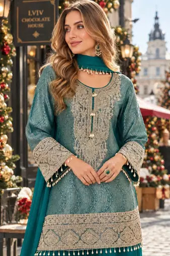 Blue silk blend readymade suit with embroidery & beads work