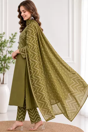 Women's olive green bandhini printed straight kurta pant & dupatta set | traditional ethnic wear | 3 piece suit set