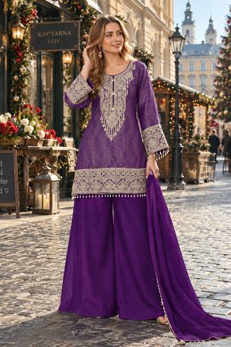 Purple silk blend readymade suit with embroidery & beads work