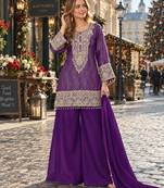 Purple silk blend readymade suit with embroidery & beads work