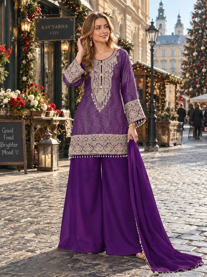 Purple silk blend readymade suit with embroidery & beads work