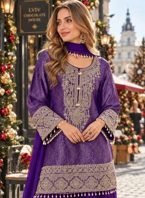 Purple silk blend readymade suit with embroidery & beads work 2
