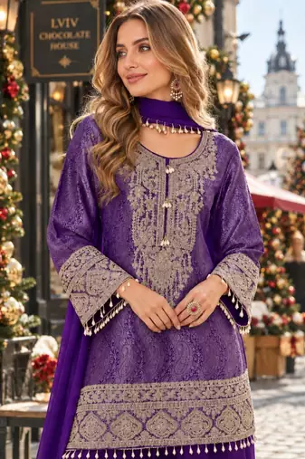 Purple silk blend readymade suit with embroidery & beads work