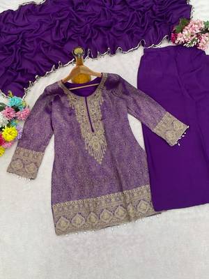 Purple silk blend readymade suit with embroidery & beads work 3
