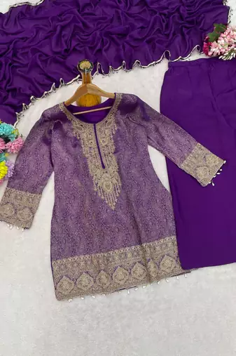 Purple silk blend readymade suit with embroidery & beads work