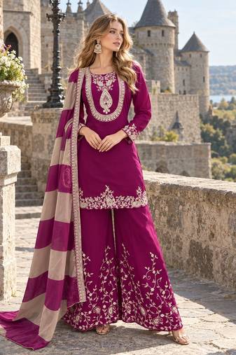 Purple chinon readymade suit with embroidery & mirror work
