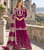 Purple chinon readymade suit with embroidery & mirror work