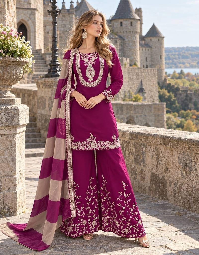 Purple chinon readymade suit with embroidery & mirror work