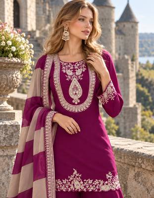 Purple chinon readymade suit with embroidery & mirror work 2