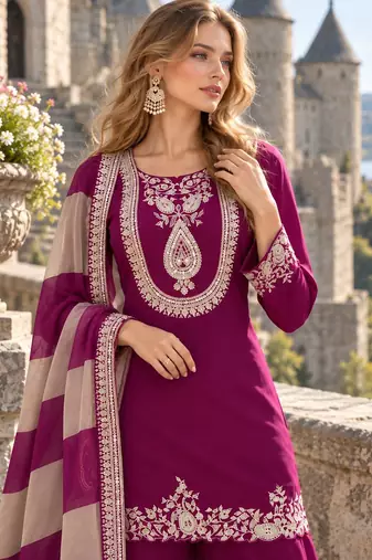 Purple chinon readymade suit with embroidery & mirror work