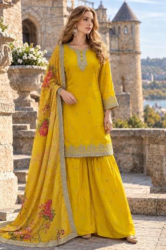 Yellow chinon readymade suit with embroidery & mirror work