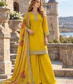 Yellow chinon readymade suit with embroidery & mirror work