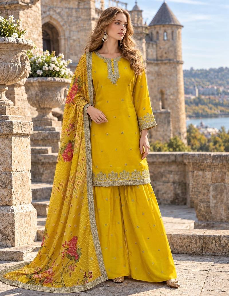 Yellow chinon readymade suit with embroidery & mirror work