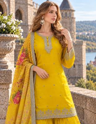 Yellow chinon readymade suit with embroidery & mirror work 2