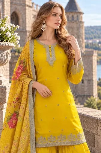 Yellow chinon readymade suit with embroidery & mirror work