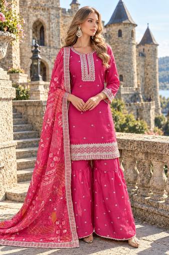Pink chinon readymade suit with embroidery & mirror work
