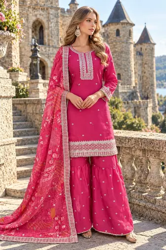 Pink chinon readymade suit with embroidery & mirror work
