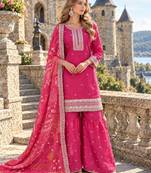 Pink chinon readymade suit with embroidery & mirror work