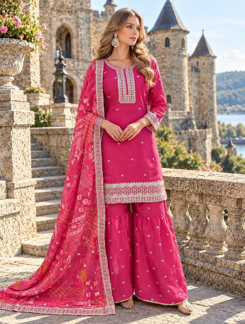 Pink chinon readymade suit with embroidery & mirror work