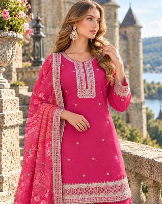 Pink chinon readymade suit with embroidery & mirror work 2