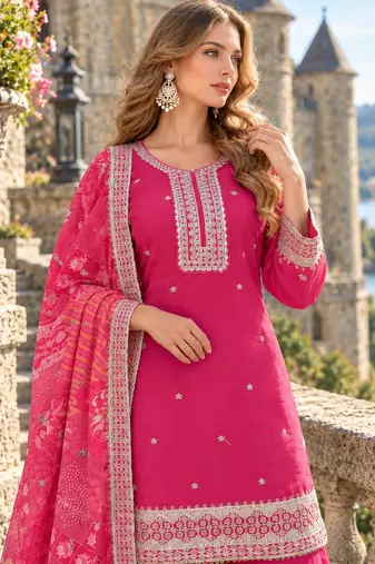 Pink chinon readymade suit with embroidery & mirror work