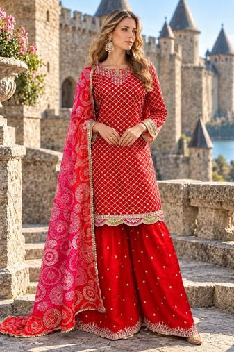 Orange chinon readymade suit with embroidery & mirror work