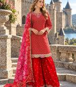 Orange chinon readymade suit with embroidery & mirror work