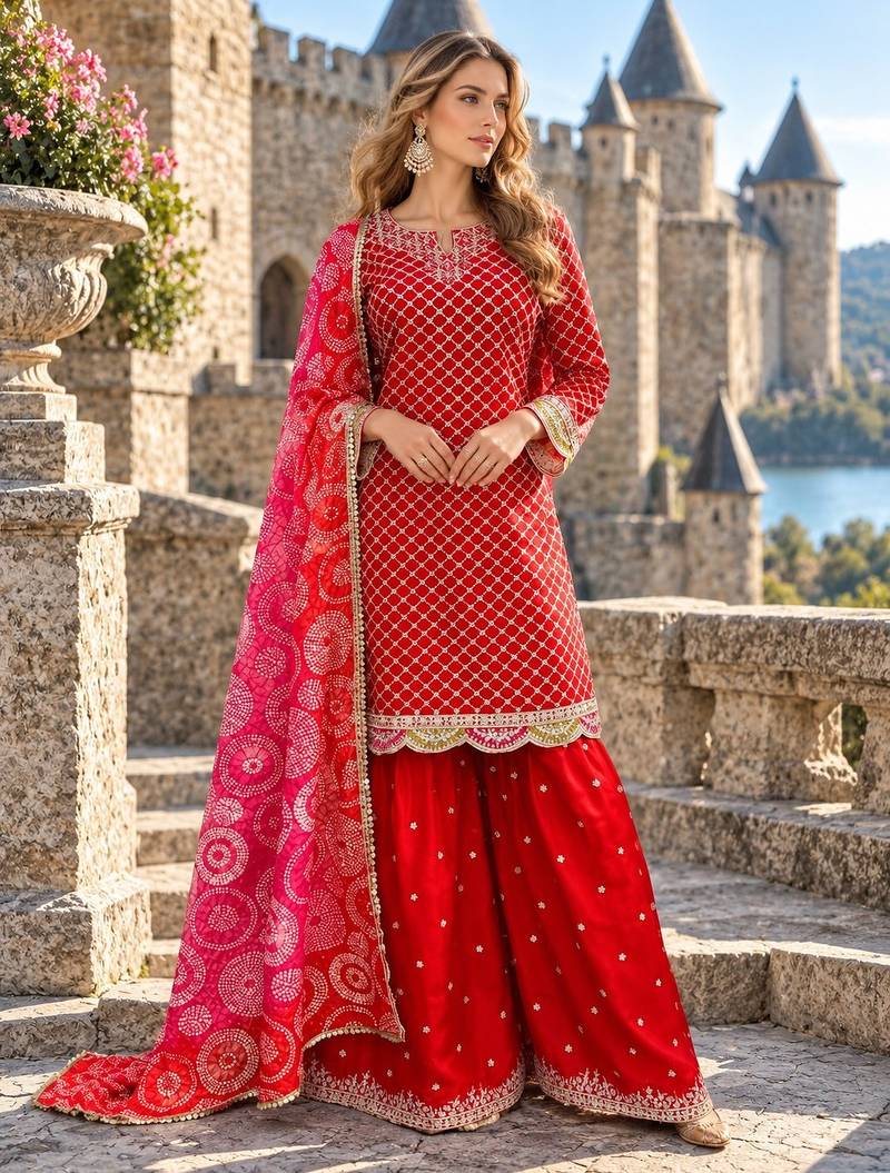 Orange chinon readymade suit with embroidery & mirror work