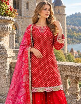 Orange chinon readymade suit with embroidery & mirror work 2
