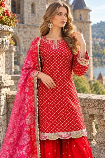 Orange chinon readymade suit with embroidery & mirror work