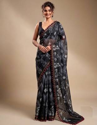 Black floral cotton silk ethnic saree 1