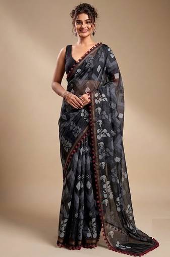 Black floral cotton silk ethnic saree