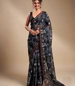 Black floral cotton silk ethnic saree