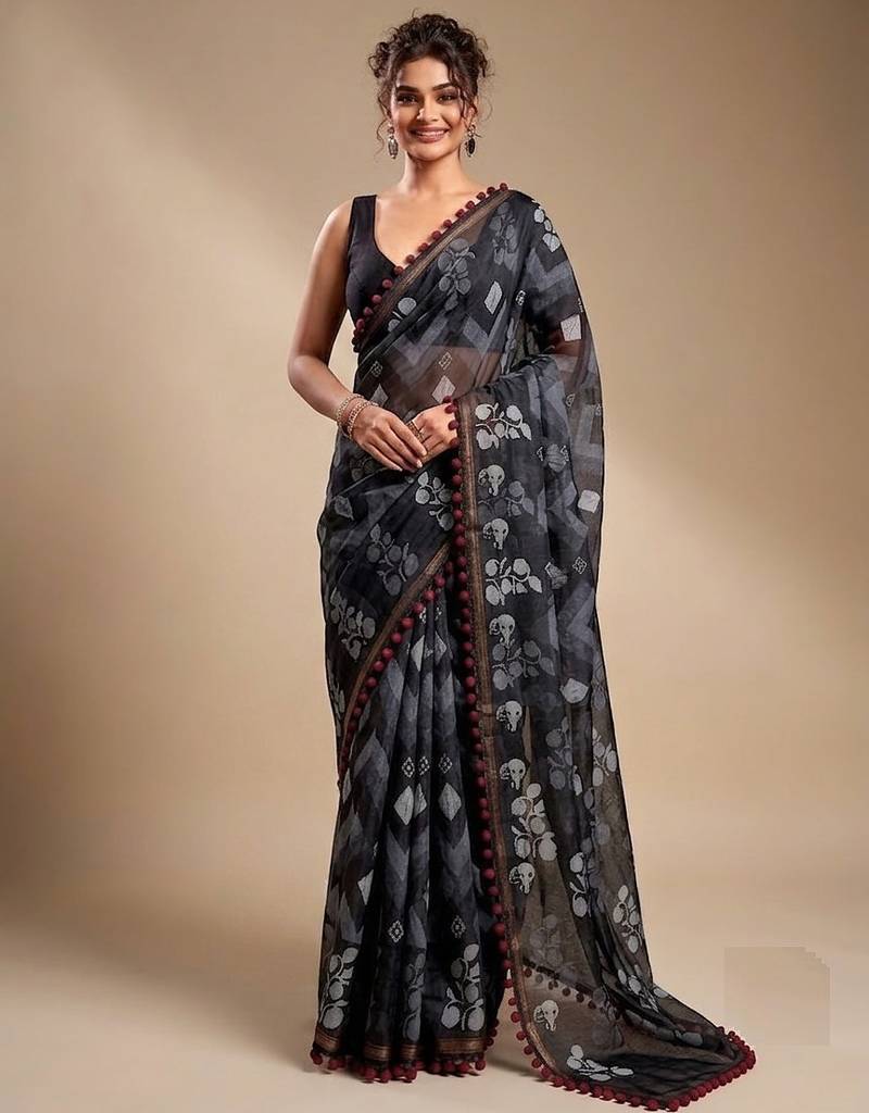 Black floral cotton silk ethnic saree