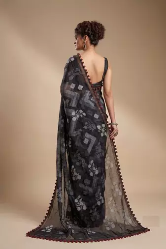 Black floral cotton silk ethnic saree