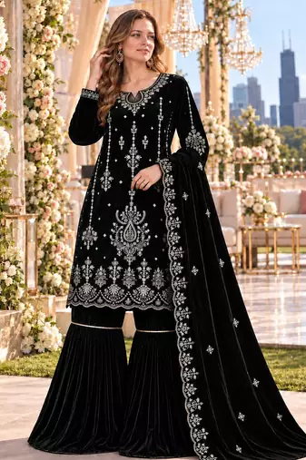Black velvet semi stitched suit with embroidery & sequence work