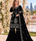 Black velvet semi stitched suit with embroidery & sequence work