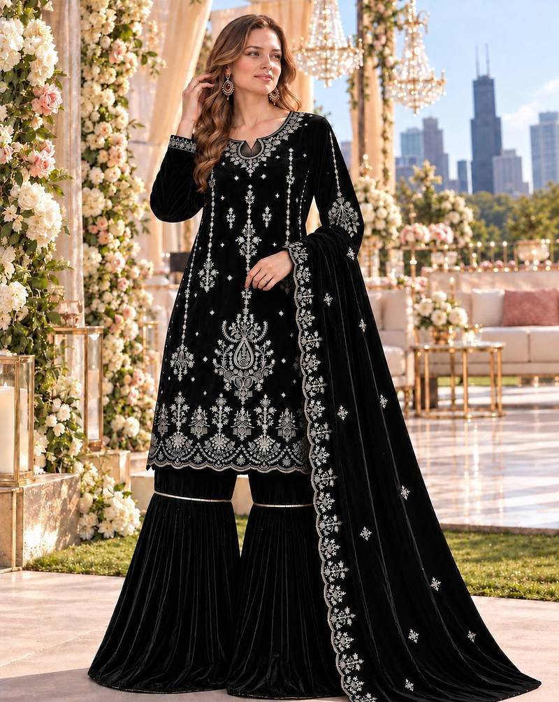 Black velvet semi stitched suit with embroidery & sequence work