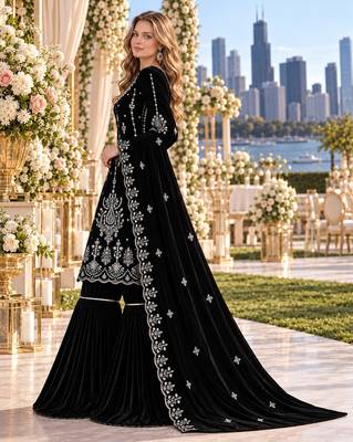 Black velvet semi stitched suit with embroidery & sequence work 2