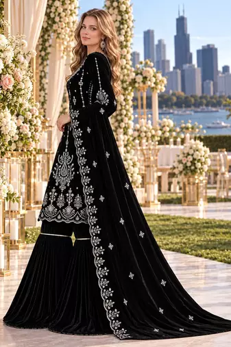 Black velvet semi stitched suit with embroidery & sequence work