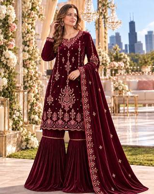 Maroon velvet semi stitched suit with embroidery & sequence work 1
