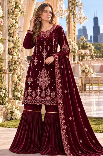 Maroon velvet semi stitched suit with embroidery & sequence work