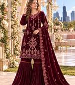 Maroon velvet semi stitched suit with embroidery & sequence work