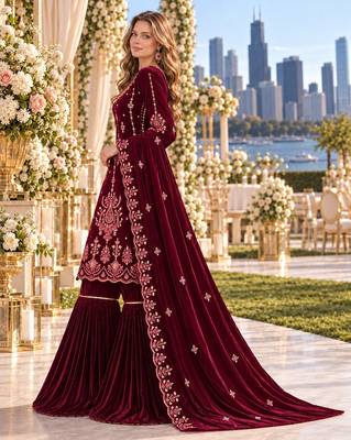Maroon velvet semi stitched suit with embroidery & sequence work 2