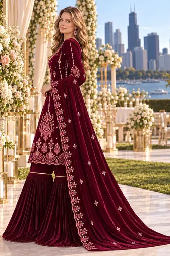 Maroon velvet semi stitched suit with embroidery & sequence work